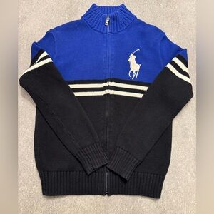 Polo Ralph Lauren Royal, Navy, White Knit Zip Up Sweater (17.5” chest)